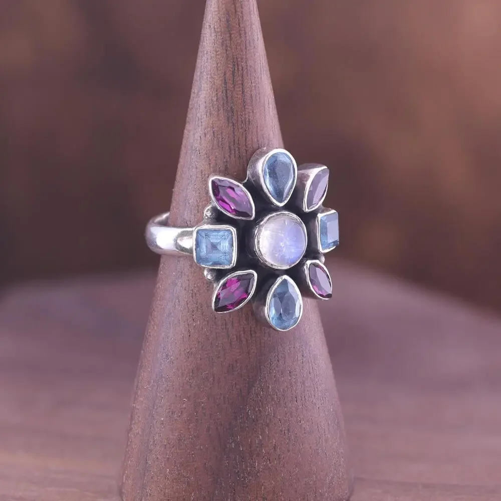 Nicky Butler Sterling Moonstone Blue Topaz Pink Tourmaline Gemstone Ring - Picture 7 of 9